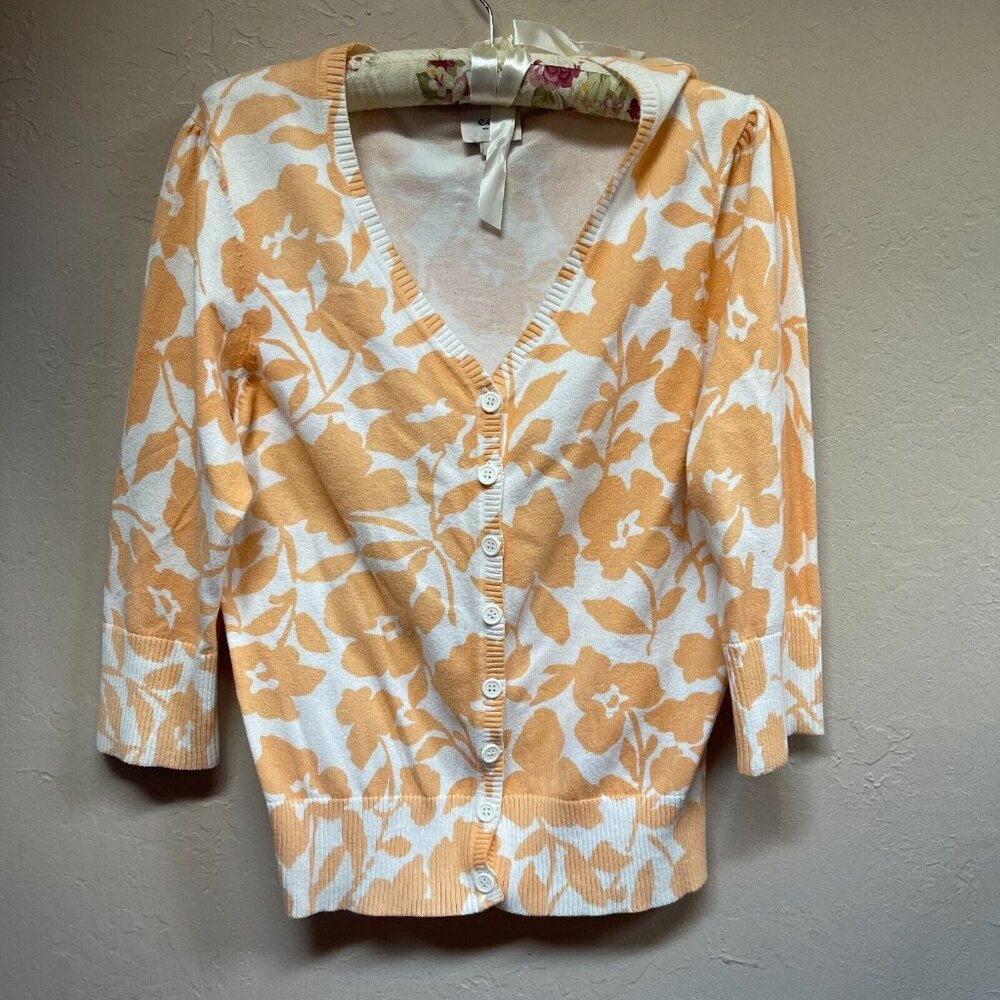 ECI New York Women's Floral V-Neck Cardigan Sweater XS Yellow/White Lightweight